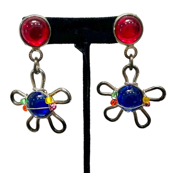 VINTAGE 1980'S STATEMENT MULTICOLOR FLOWER DANGLE EARRINGS - Picture 1 of 11
